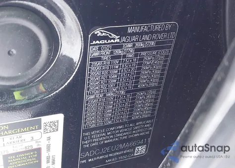 2021 Jaguar F-Pace S P340 Awd Automatic z USA, uszkodzony, nr VIN SADCJ2EU2MA669411